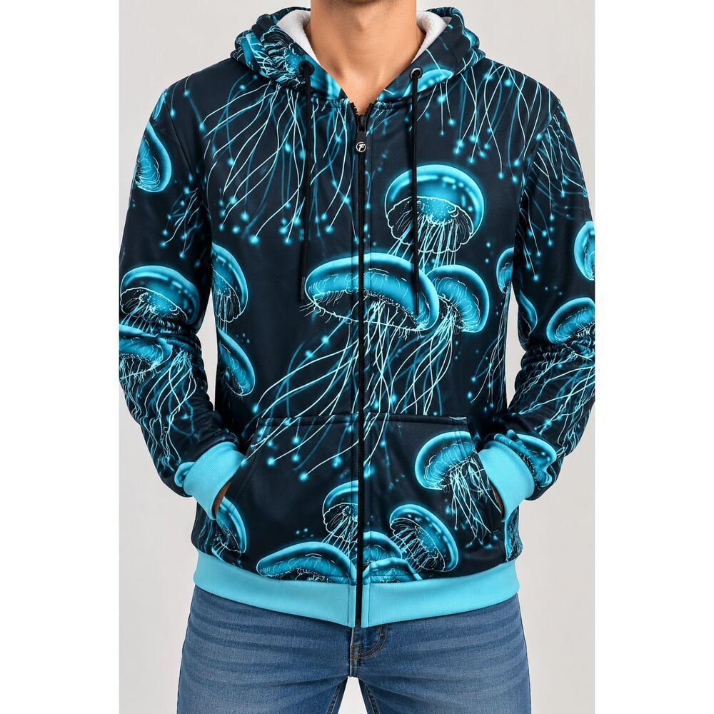 NWT Fresh Hoods Jellyfish Graphic Zip Hoodie Black Trippy Neon Sea Creature - S